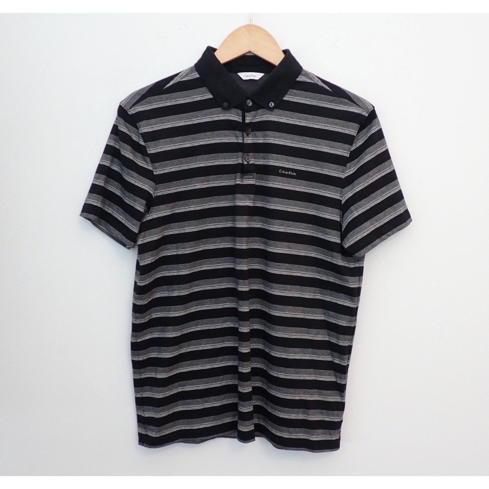 Calvin Klein Men'M Polo Shirt Black Gray Striped Cotton Short Sleeve